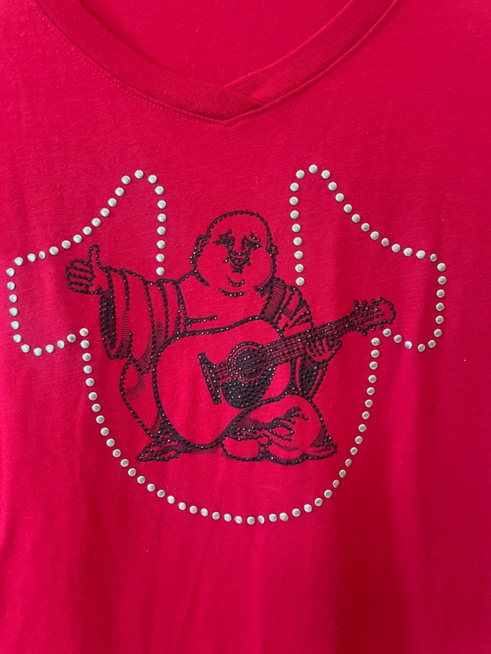 True Religion Red V-Neck Studded Graphic Tee - Picture 2 of 3